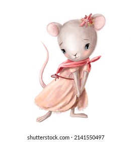 Cute Mouse In Pink Dress, Watercolor Illustration, Animal Clipart With Cartoon Character Good For Card And Print Design