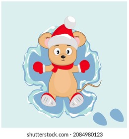 A Cute Mouse In A Santa Claus Hat On The Snow Makes A Snow Angel. Cartoon Illustration For Children