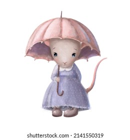 Cute Mouse Under Umbrella, Watercolor Illustration, Animal Clipart With Cartoon Character Good For Card And Print Design