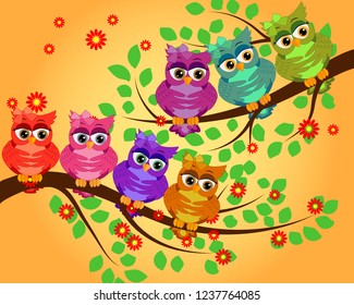 Cute Multicolored Owls On Flowering Branch Stock Illustration ...