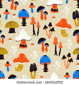 Cute Mushrooms Illustrated Seamless Pattern Stock Illustration ...