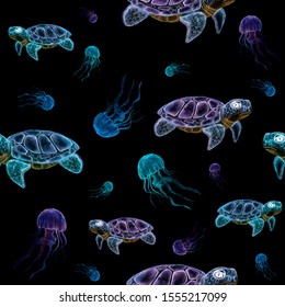 Cute neon turtles and jelly fish. Seamless pattern. Hand drawn, watercolor turtles with jelly fishes. Isolated on black. Wild sea animals. Realistic. Ocean animals. Horizoltal. Clipart. Exotic animal