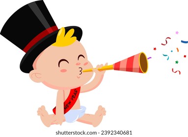 Cute New Year Baby Cartoon Character Blow In Foil Party Horn. Raster Illustration Flat Design Isolated On Transparent Background - Powered by Shutterstock