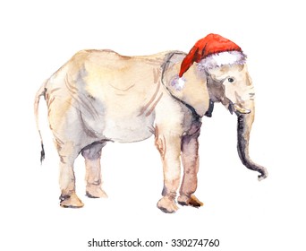 Cute new year elephant in red santa's hat. Watercolor christmas animal
