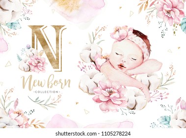 Cute Newborn Watercolor Baby. New Born Child Illustration Girl, Boy Painting. Baby Shower Isolated Birthday Painting Card. Handmade Painting.