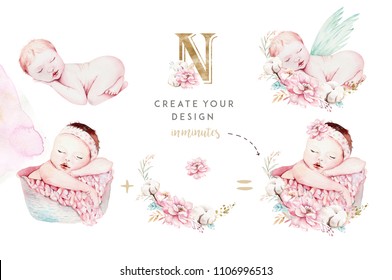 Cute newborn watercolor baby. New born child illustration girl, boy painting. Baby shower isolated birthday painting card. Handmade painting. - Powered by Shutterstock