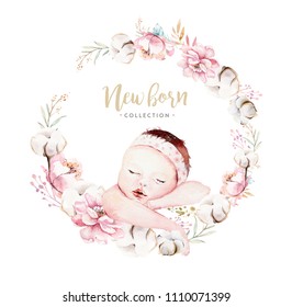 Cute Newborn Watercolor Baby. New Born Child Illustration Girl, Boy Painting. Baby Shower Isolated Birthday Painting Card. Handmade Painting.