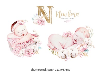 Cute newborn watercolor baby. New born child illustration girl, boy painting. Baby shower isolated birthday painting card. Handmade painting. - Powered by Shutterstock