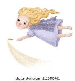 Cute Night Fairy With Magic Stick, Watercolor Style Illustration, Goodnight Clipart With Cartoon Character Good For Card And Print Design