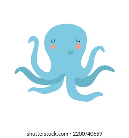 Cute Octopus. Sea Animal. Blue Cartoon Octopus. Cartoon Character