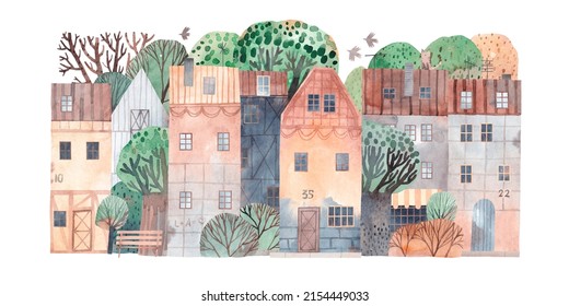 Cute old city. Watercolor poster. Painting for the children's room. Old town landscape. Horizontal banner.