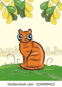 Cute orange cat happily sitting on grass in the wild in fat cartoon vector illustration art design