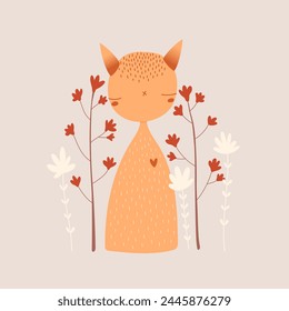 Cute orange cat on a floral background, vector illustration. Greeting card, birthday card design, print, textile. - Powered by Shutterstock