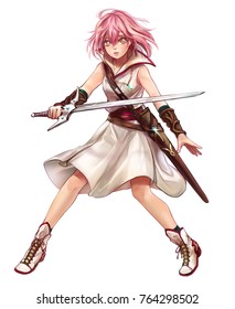 Cute original character design of fantasy female girl warrior or swordswoman magic fencer knight named Lenaria in Japanese manga illustration style with isolated white background