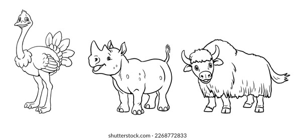 Cute ostrich  rhinoceros   yak to color in  Template for coloring book and funny animals  Coloring template for kids 
