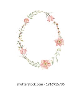 Cute oval wreath with spring flowers and leaves, pastel color design.