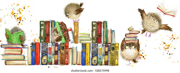 cute owl. books illustration. Back to school.