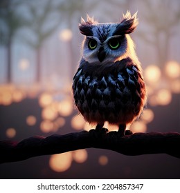 Cute Owl Sitting On A Tree Branch. Known For Being A Symbol Of Wisdom And Knowledge. 3D Illustration In Movie Animation Style.