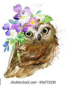 Cute Owl. watercolor illustration. Forest animal.