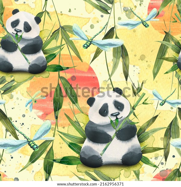 A\
cute panda eats bamboo in a bamboo grove with an oriental, red sun,\
spots and splashes of paint and with dragonflies. Bright, Asian,\
seamless pattern. Watercolor. For decoration and\
design