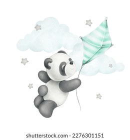 cute panda fly a kite with stars ,clouds; hand drawn watercolor illustration; with white background isolated - Powered by Shutterstock