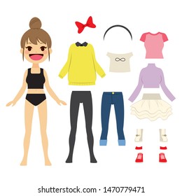 Cute Paper Doll Girl With A Set Of Clothes And Accesories