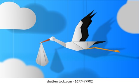 Cute Paper Stork FLying Whit Baby