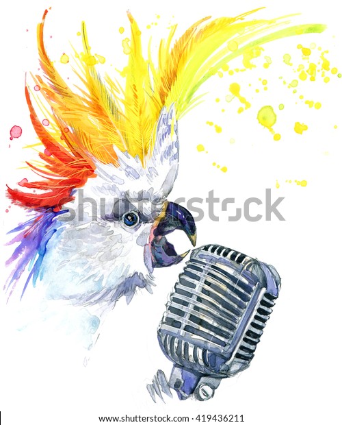 かわいいオウムの水彩イラスト クールdj マイク 歌手 音楽の背景 のイラスト素材 419436211
