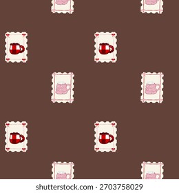 Cute patterns featuring pink teapots and red watering cans on a brown background create a whimsical design for creative projects