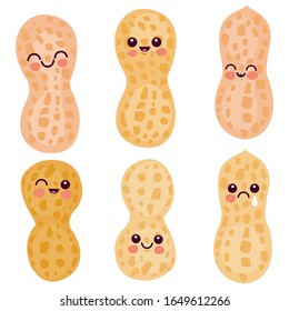 Cute peanut characters. Illustration emoticon set.
