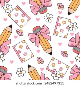 Cute pencil and bookish seamless pattern, Groovy retro back to school digital paper background, wallpaper, scrapbooking, classroom decor, gift for teacher. - Powered by Shutterstock