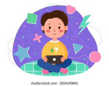 Cute Person Playing In A Portable Handheld Console While Sitting On The Bedspread. Unisex Character Plays A Video Game On A Pocket Console. Isolated Illustration With Geometric Abstract Background.