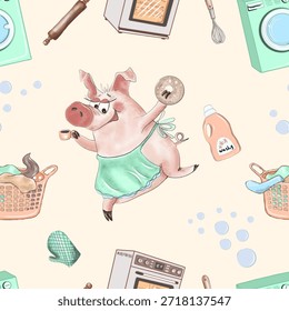 Cute Pig Baking Seamless Pattern