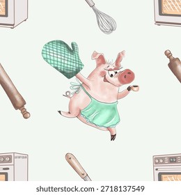 Cute Pig Baking Seamless Pattern