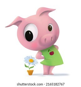 cute pig cartoon character in green dress with chamomile in a flower pot. Funny character with a smiling face and big eyes. Pink friendly creature isolated on white background.