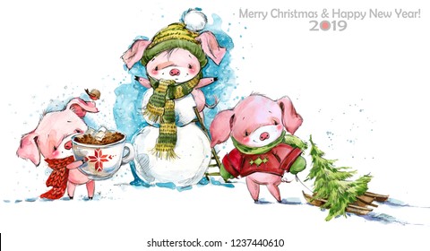 今年のかわいい豚の中国のシンボル 水彩面白い子豚のイラスト 新年おめでとう のイラスト素材 Shutterstock