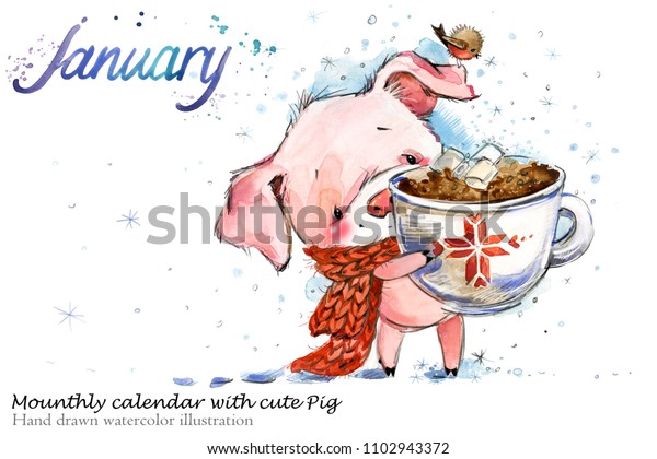 かわいい豚手描きの水彩イラスト 鳩月暦1月 のイラスト素材 1102943372