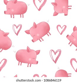 Cute Pig Illustration. Seamless Pattern