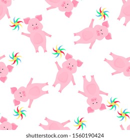 Cute pig walks and keeps a pinwheel toy. Funny animal. Piggy Cartoon Character seamless pattern for the decoration of the nursery for a girl or boy, for the design of kids clothing, things