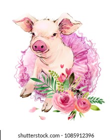 Cute pig watercolor illustration