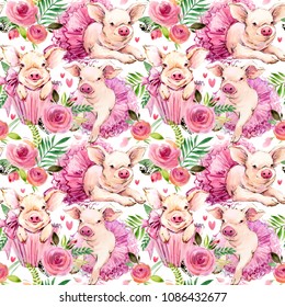 Cute Pig Watercolor Seamless Pattern