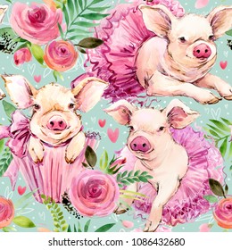 Cute Pig Watercolor Seamless Pattern