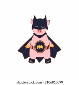 Cute piggy in a superhero costume, illustration. Cartoon character pig in a batman costume. Isolated on white background