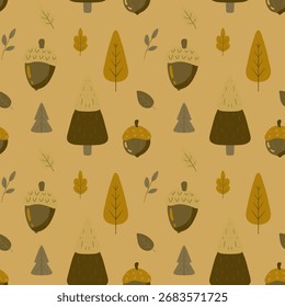 Cute Pine Tree and Acron Forest Autumn Seamless Pattern