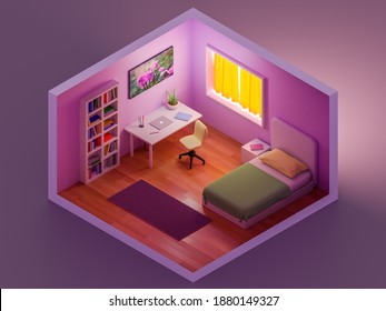 Cute Pink Bedroom Diorama - Isometric 3D Illustration
