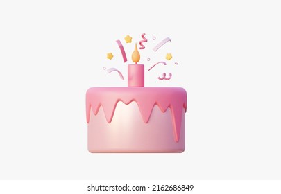 Cute pink cake with candle and confetti. An icon for a website or printing. 3D rendering illustration. The concept of birthday celebration. - Powered by Shutterstock