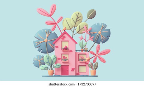 Cute pink cozy Eco House and yellow windows  red door stands green lawn and colorful leaves  Sweet home and cat the balcony  bird roof  potted plants terrace  3d render in pastel colors