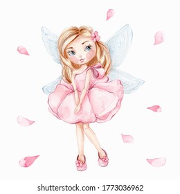 Cute pink fairy with light blue wings; watercolor hand draw illustration; can be used for card or invitation; with white isolated background - Powered by Shutterstock