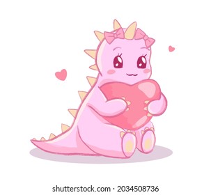 Cute Pink Girl Baby Dino Holding A Big Pink Heart. Isolated Kawaii Animal Children Drawing On White Background.