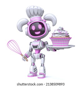 Cute Pink Girl Robot Cook Cupcake 3D Rendering Illustration Isolated On White Background